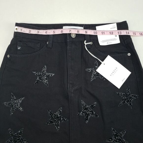 Kancan Beaded Star Mini Skirt Womens Small Black Denim Jean Raw Hem Glitter - Picture 7 of 8